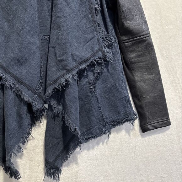 BlankNYC Drape Front Mixed Media Denim Vegan Leather Fringe Jacket Size Medium - Picture 5 of 15